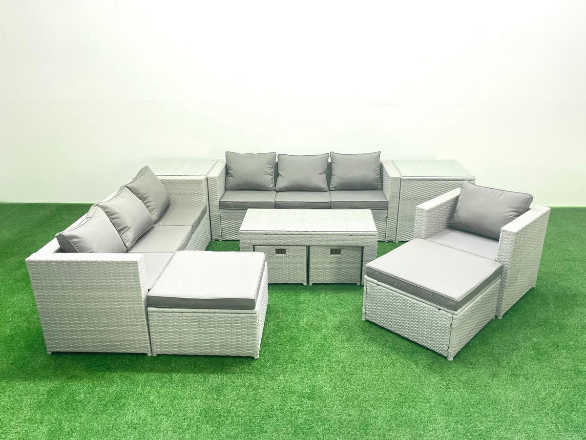 BALKONMÖBEL-SET Polyrattan Hellgrau-Mix 11-teilig - Hellgrau/Grau, Glas/Kunststoff - Fimous