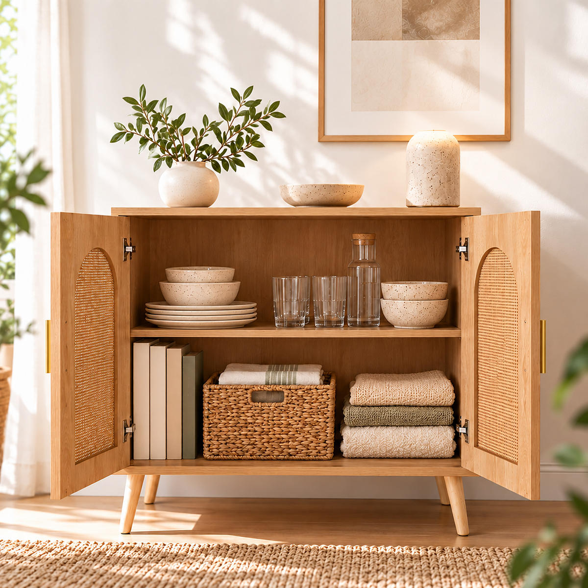 KOMODA Přírodní dub ratan 2 dveře - světle hnědá, dřevo/kompozitní dřevo (80/80/40cm) - Relaxdays