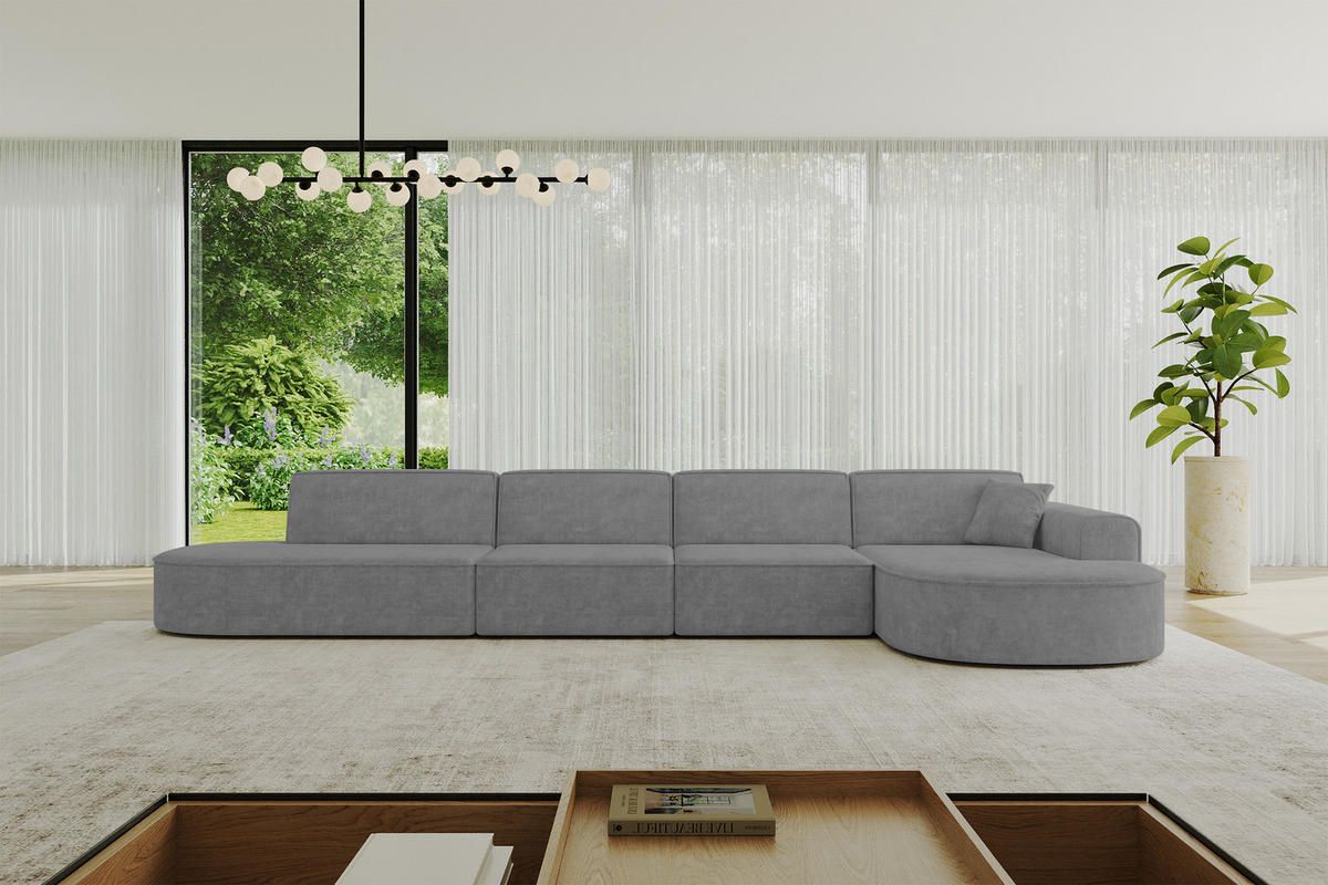 ECKSOFA Ottomane Rechts MARI-L3 - 413x171x79 cm Grau Velours - Schwarz/Grau, Holzwerkstoff/Kunststoff (171/413cm) - ALTDECOR
