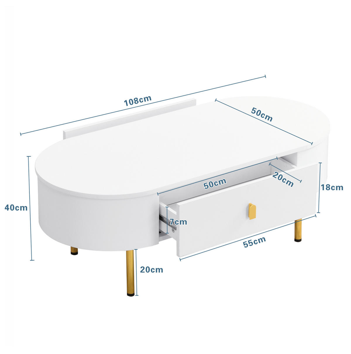 TV-SCHRANK und Couchtisch Kombination 174/50/40 cm weiß MDF mit goldenen Griffen - Weiß, Holzwerkstoff (174/41/35cm) - OKWISH