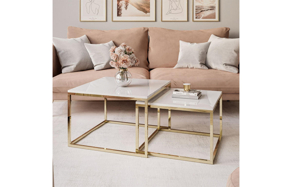 COUCHTISCH YOSHI 2in1 70/70/42 cm Gold Chrom / Weiß Hochglanz - Weiß, Holzwerkstoff/Metall (70/70/42cm) - Lookway