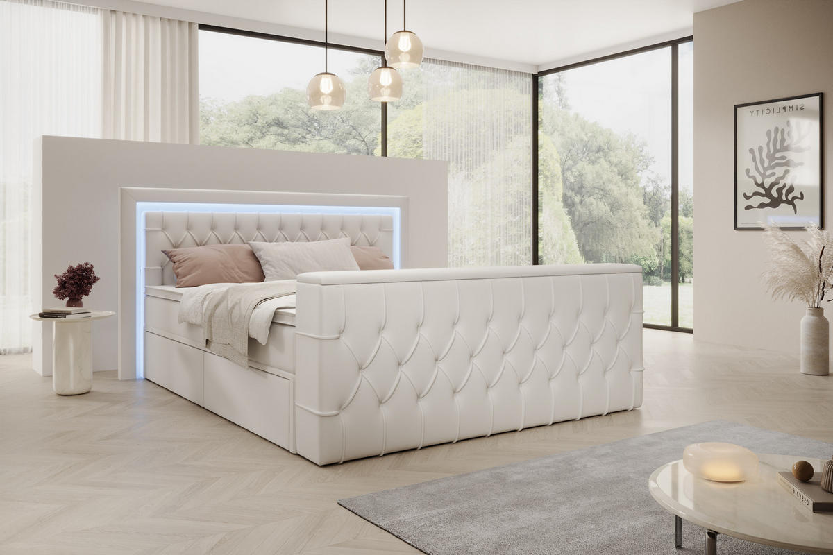 BOXSPRINGBETT Arosa TV mit Schubladen und Topper, TV-Lift, LED Beleuchtung, Kunstleder, 180x200 cm, Weiß - Weiß, Holz - PROMETO Möbel