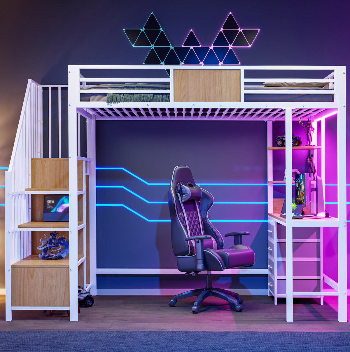 HOCHBETT 90/200 cm aus Metall und MDF mit Schreibtisch, Ablagen, Kleiderstange, LED und Steckdose Weiß - Weiß, Metall (90/200cm) - Modenvie