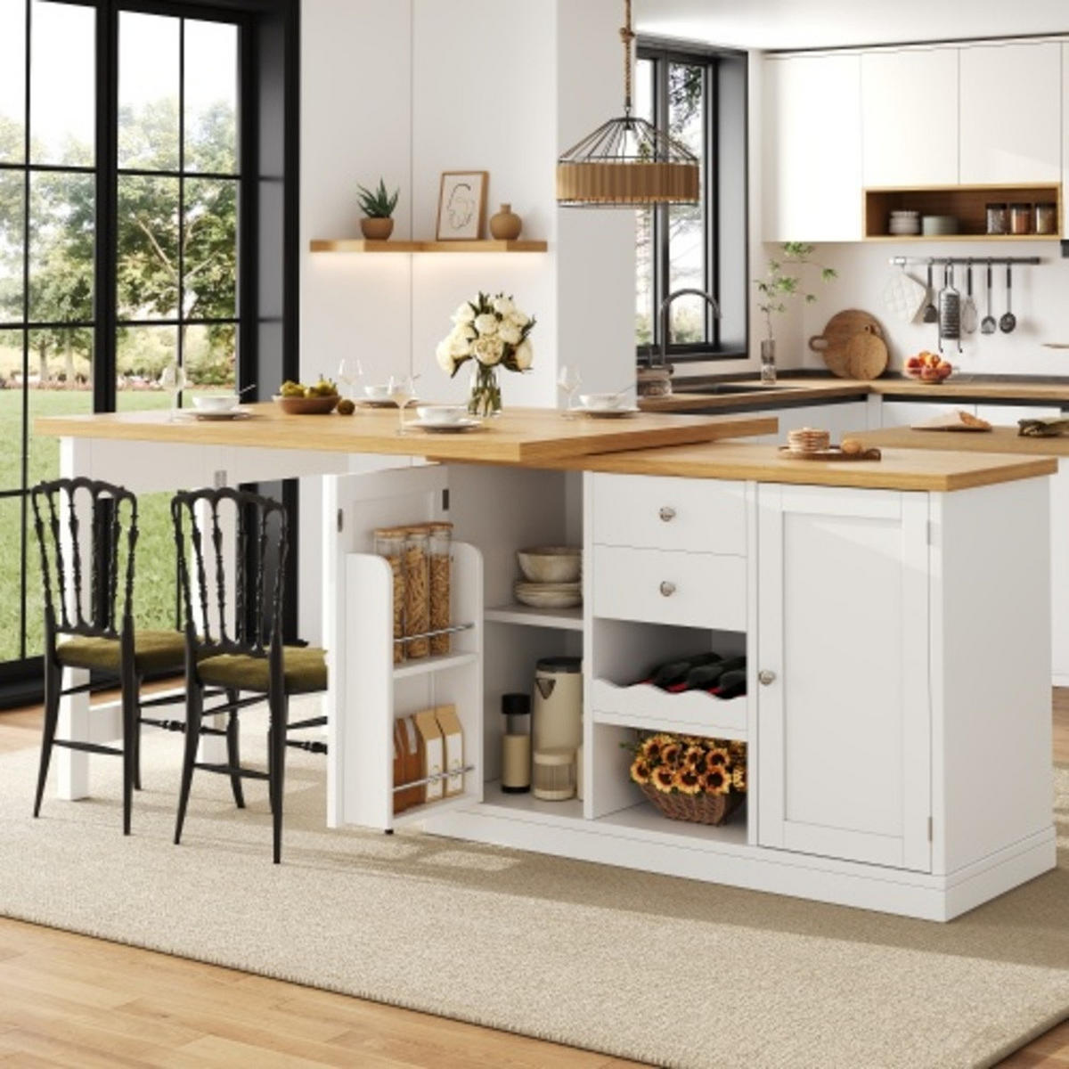 KÜCHENINSEL 120-197×40×74 cm aus MDF und Metall mit 360° drehbarer ausziehbarer Tischplatte, weiß - Weiß, Holzwerkstoff (197/74/40cm) - Luhomfu