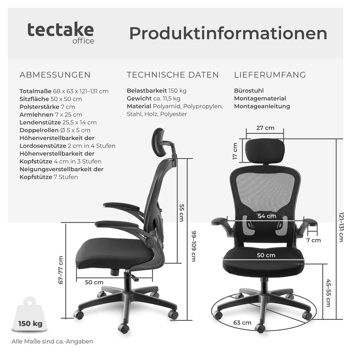 BÜROSTUHL Arges, stufenlos höhenverstellbar, schwarz - Schwarz, Kunststoff (68/131/63cm) - tectake