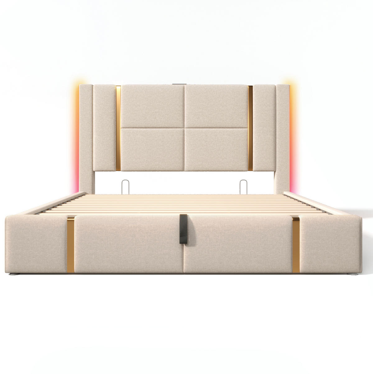 POLSTERBETT aus Leinenstoff 180x200 cm Beige mit Bettkasten, LED-Beleuchtung, USB- und Type-C-Anschluss - Beige, Textil (180/200cm) - IVMEU