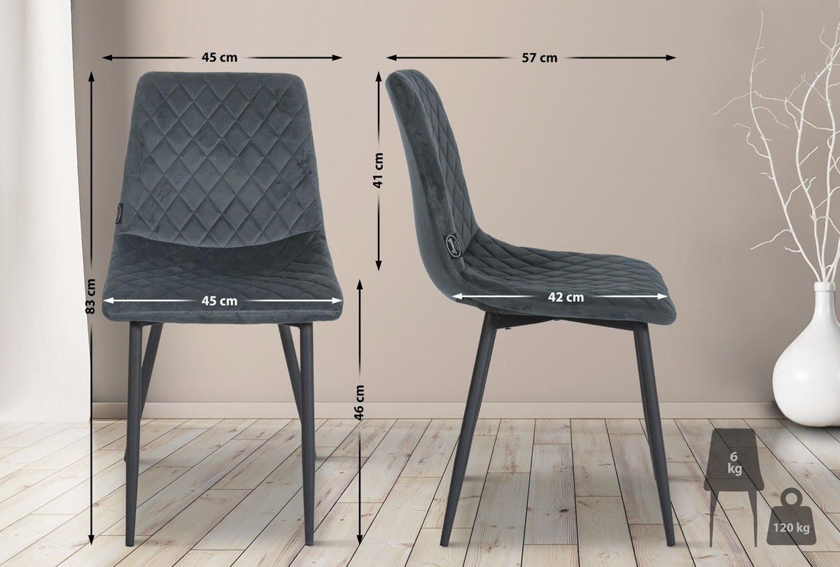 STUHL Samt dunkelgrau - Dunkelgrau/Schwarz, Textil/Metall (45/83/57cm) - CLP