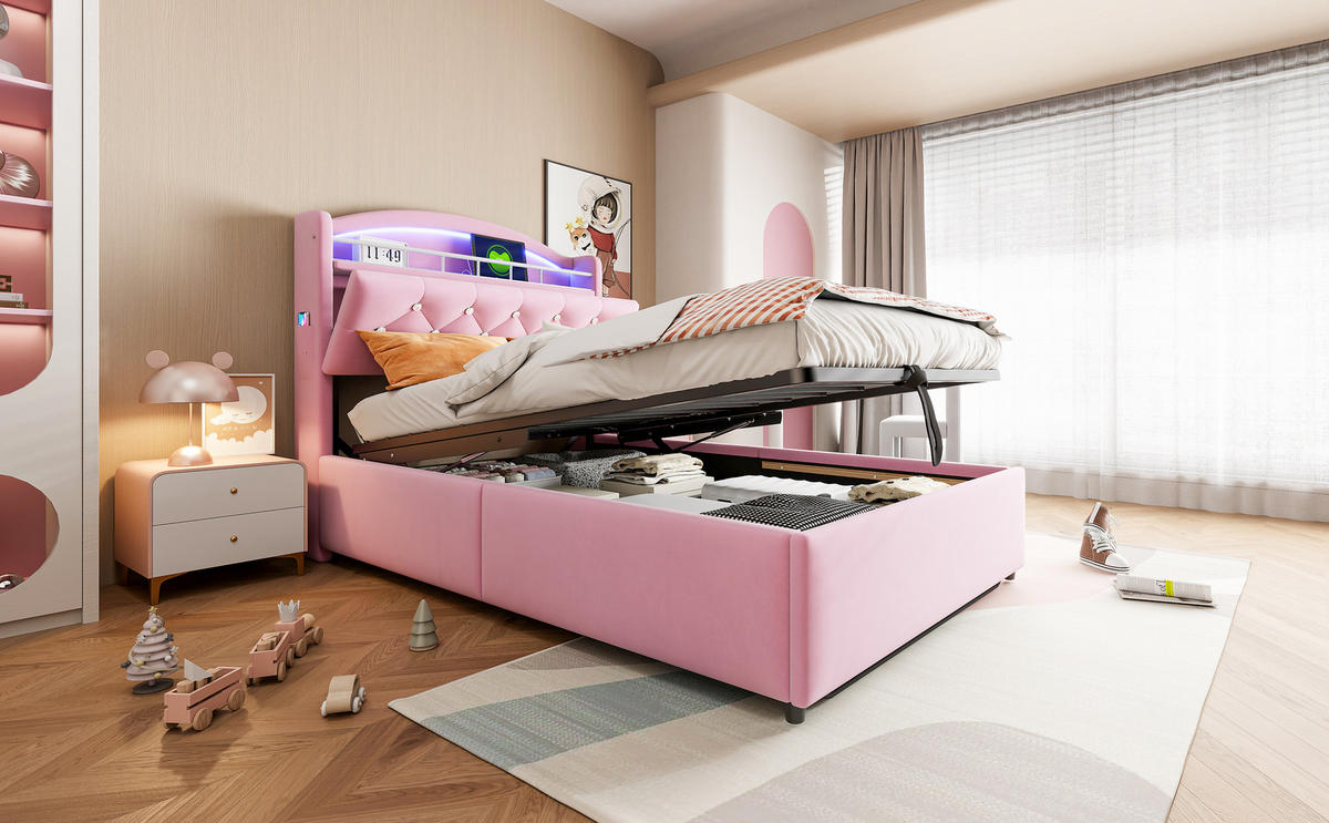 KINDERBETT 90x200 cm Samt LED USB rosa - Rosa, Textil (90/200cm) - LEBENLANG