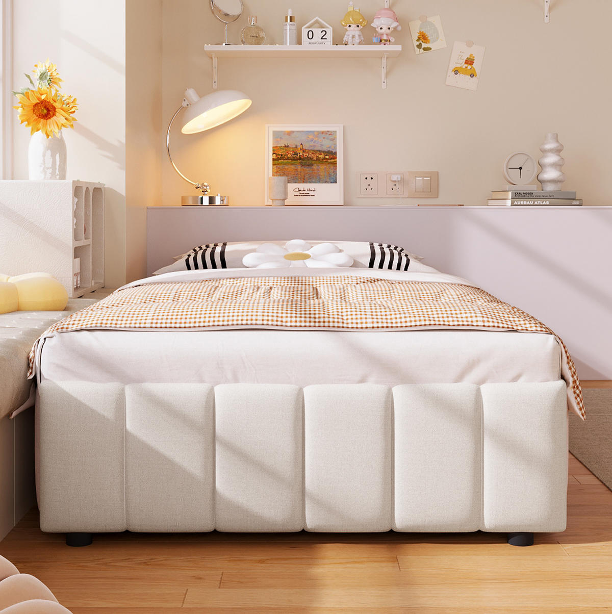 POLSTERBETT 90/200 cm Beige aus Leinen mit Bettkasten ohne Kopfteil - Beige, Textil (90/200cm) - Flora Grace