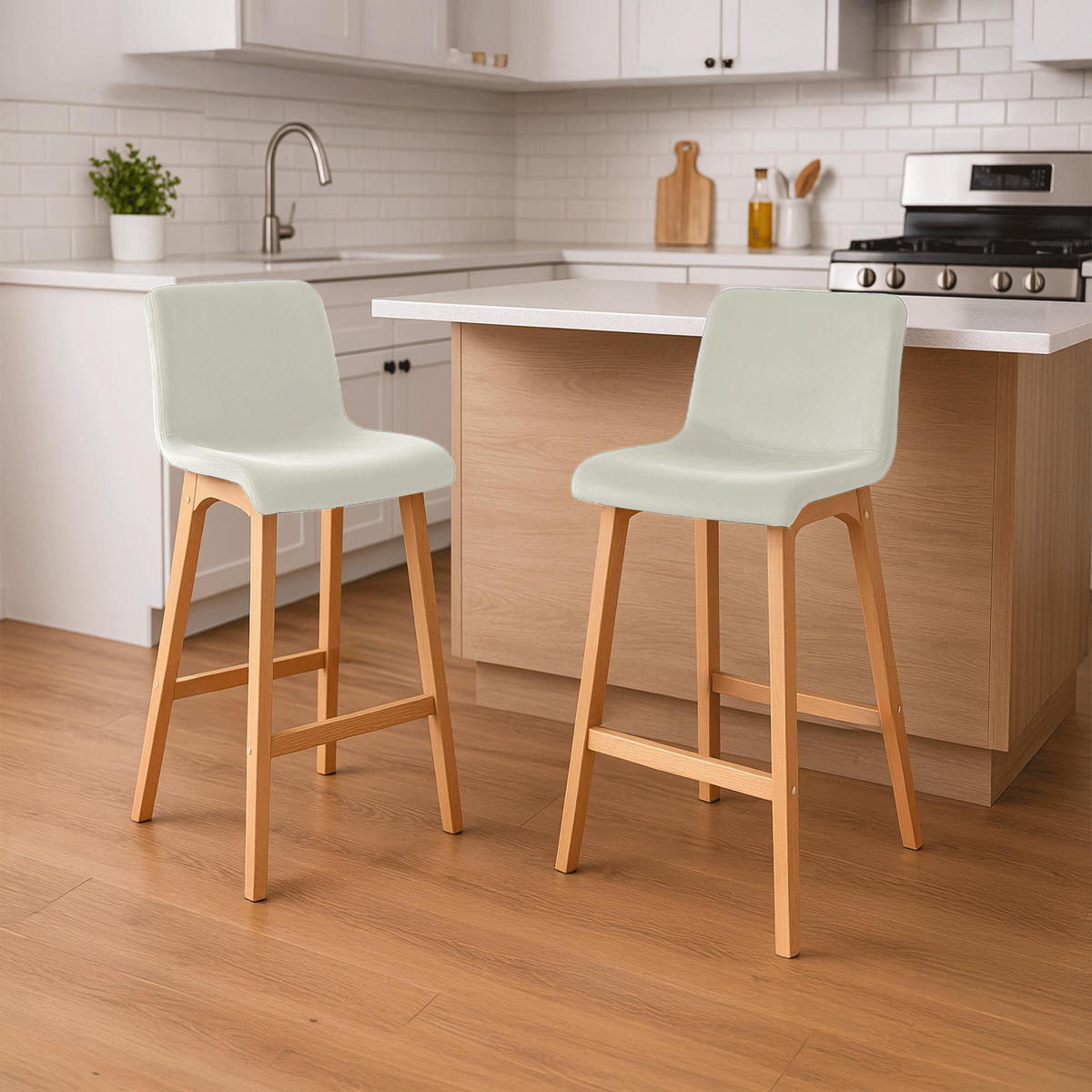 BARHOCKER Samt Creme - Eukalyptusholzfarben/Creme, Holz/Textil (41/101/46cm) - CLP