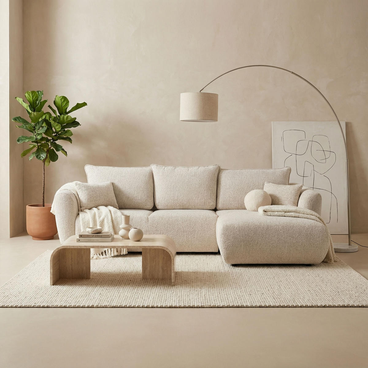 ECKSOFA Fabio mit Bettkasten, Strukturiert Ecru 255/165/91 cm - Ecru/Schwarz, Textil (255/165cm) - WFL GROUP