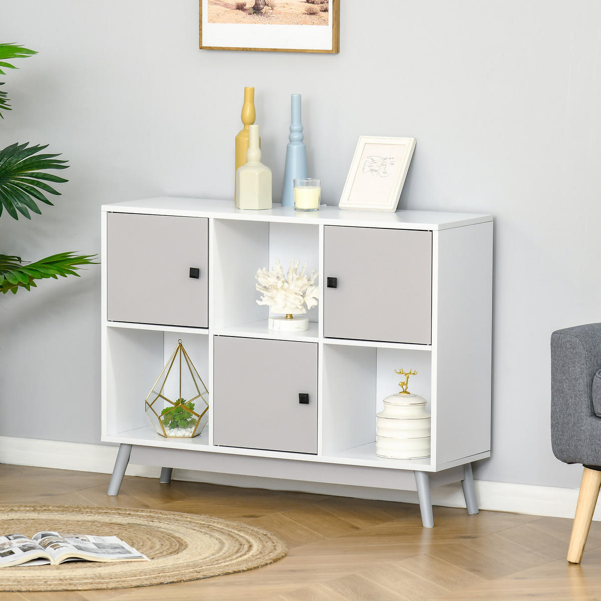 SIDEBOARD Weiß-Grau, 3 Türen, 3 offene Fächer, 96/30/75 cm - Grau, Holz (96/75/30cm) - PANGIVO