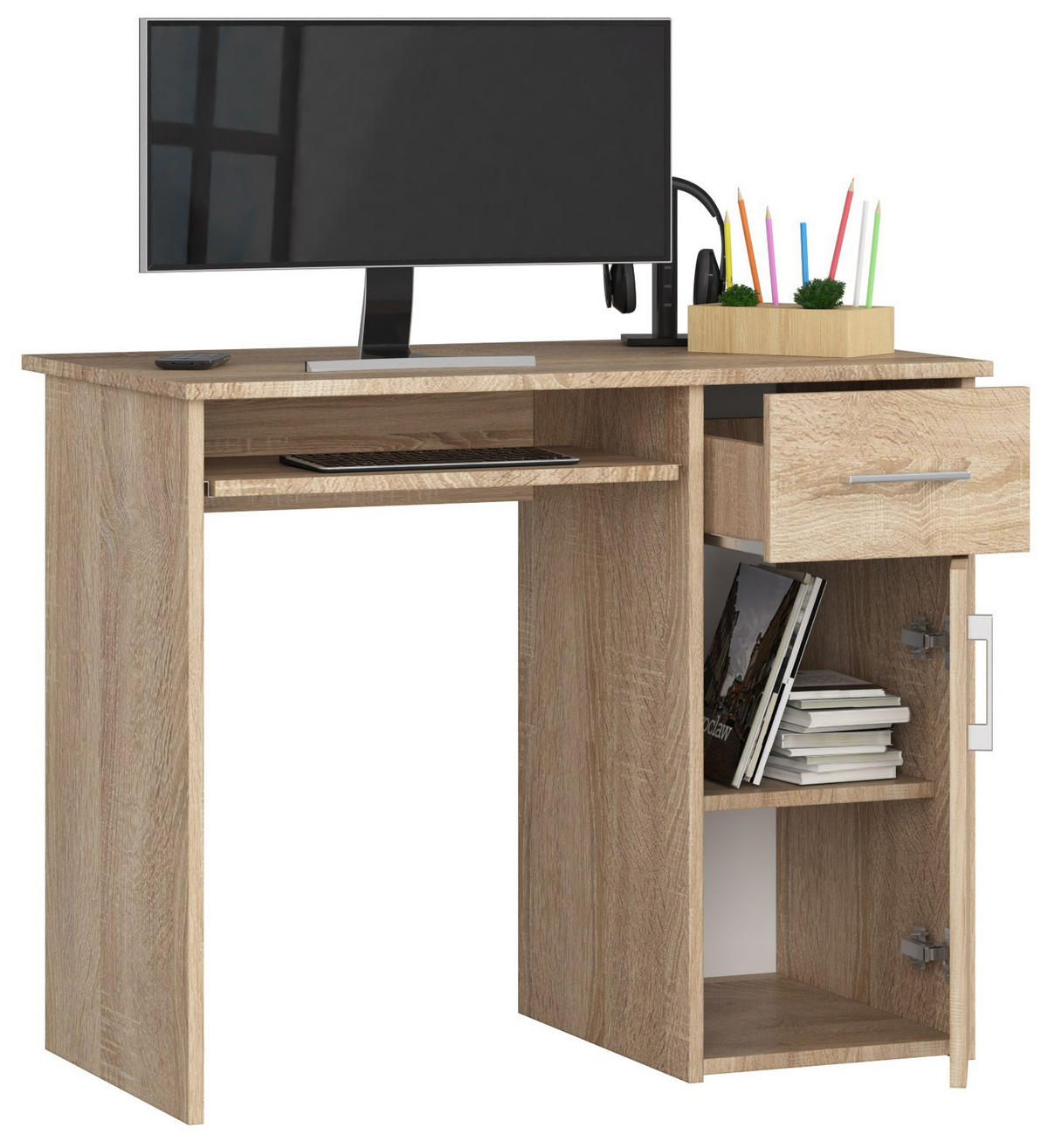 SCHREIBTISCH Sonoma-Eiche 90x50x74 cm - Silberfarben/Sonoma Eiche, Holzwerkstoff/Kunststoff (50/90/74cm) - Akord