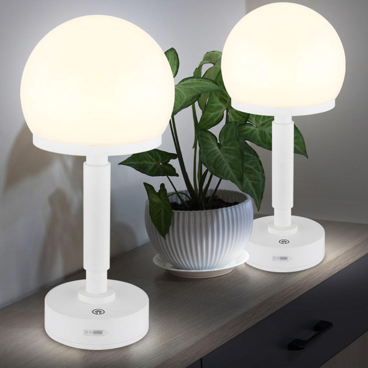 LED TISCHLEUCHTE HAKU Weiß Opal 2er Set - Weiß, Kunststoff (14/14/29.5cm) - Globo Lighting