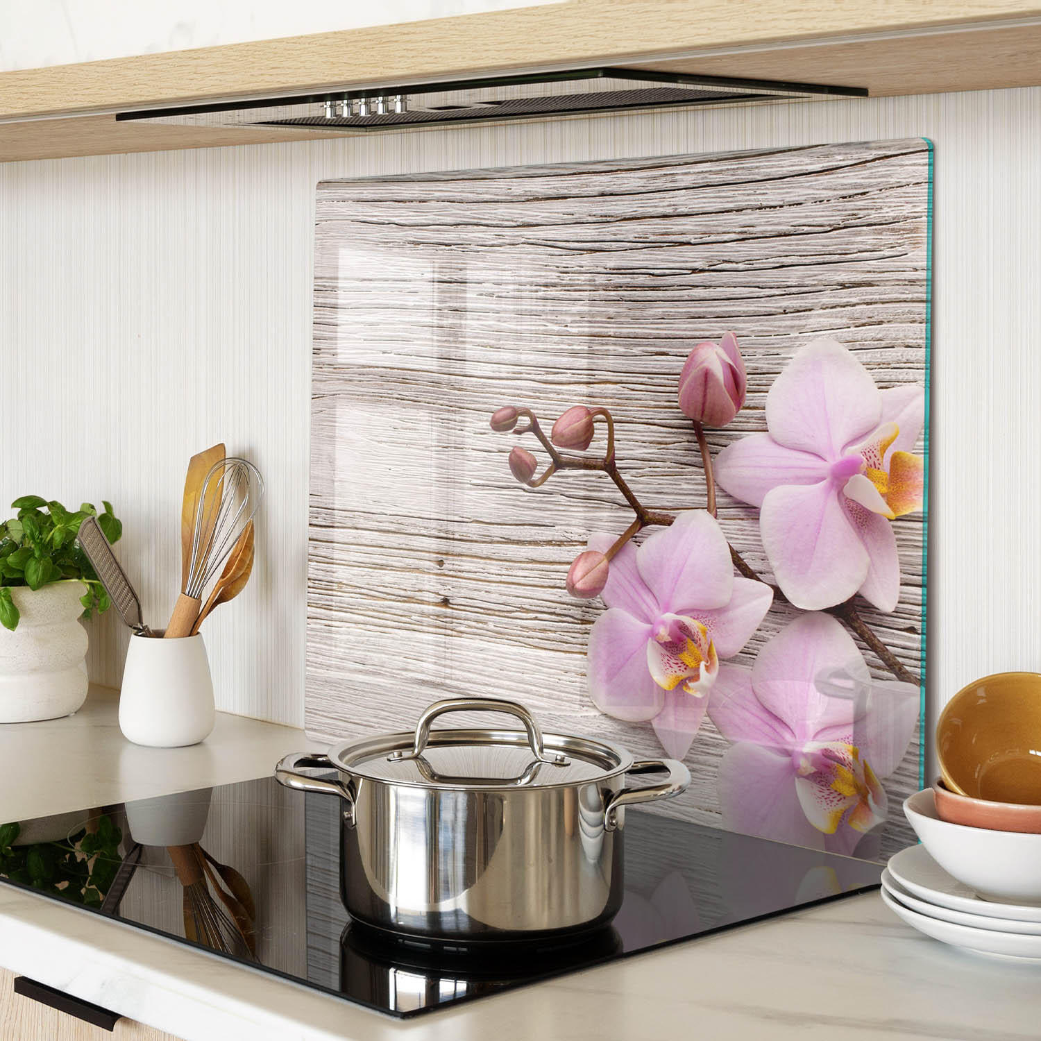 GLASPLATTE 60x52 cm Orchidee auf Holz - Beige, Glas (60/0.4/52cm) - TULUP