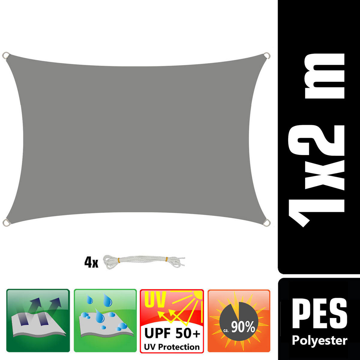 UV-SONNENSEGEL 1/2 m, Rechteckig, Wasserdicht, Grau - Grau, Kunststoff (100/200cm) - Amanka