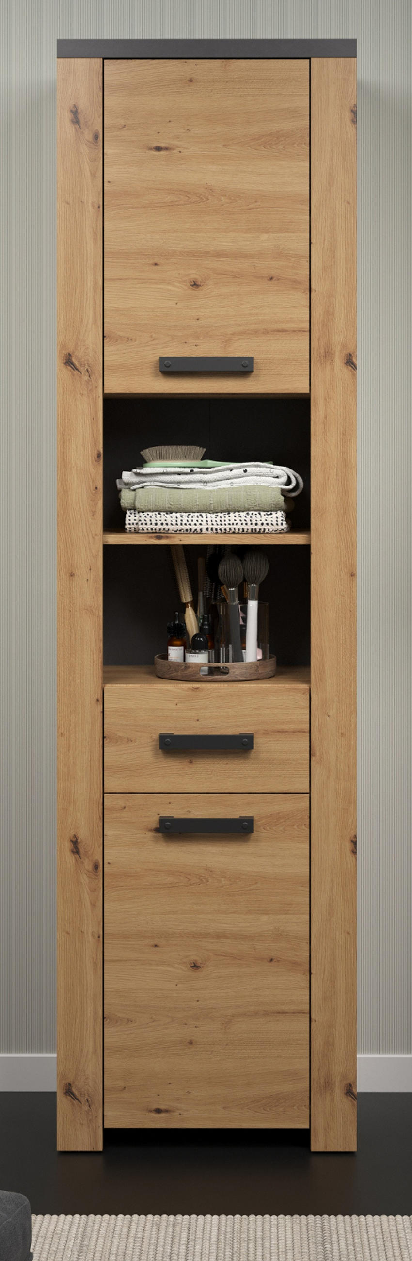 HOCHSCHRANK Eiche Artisan, grau 53 x 196 cm, Badschrank Türanschlag wechselbar - Eichefarben/Schwarz, Holzwerkstoff/Kunststoff (53/196/35cm) - Top.Furn