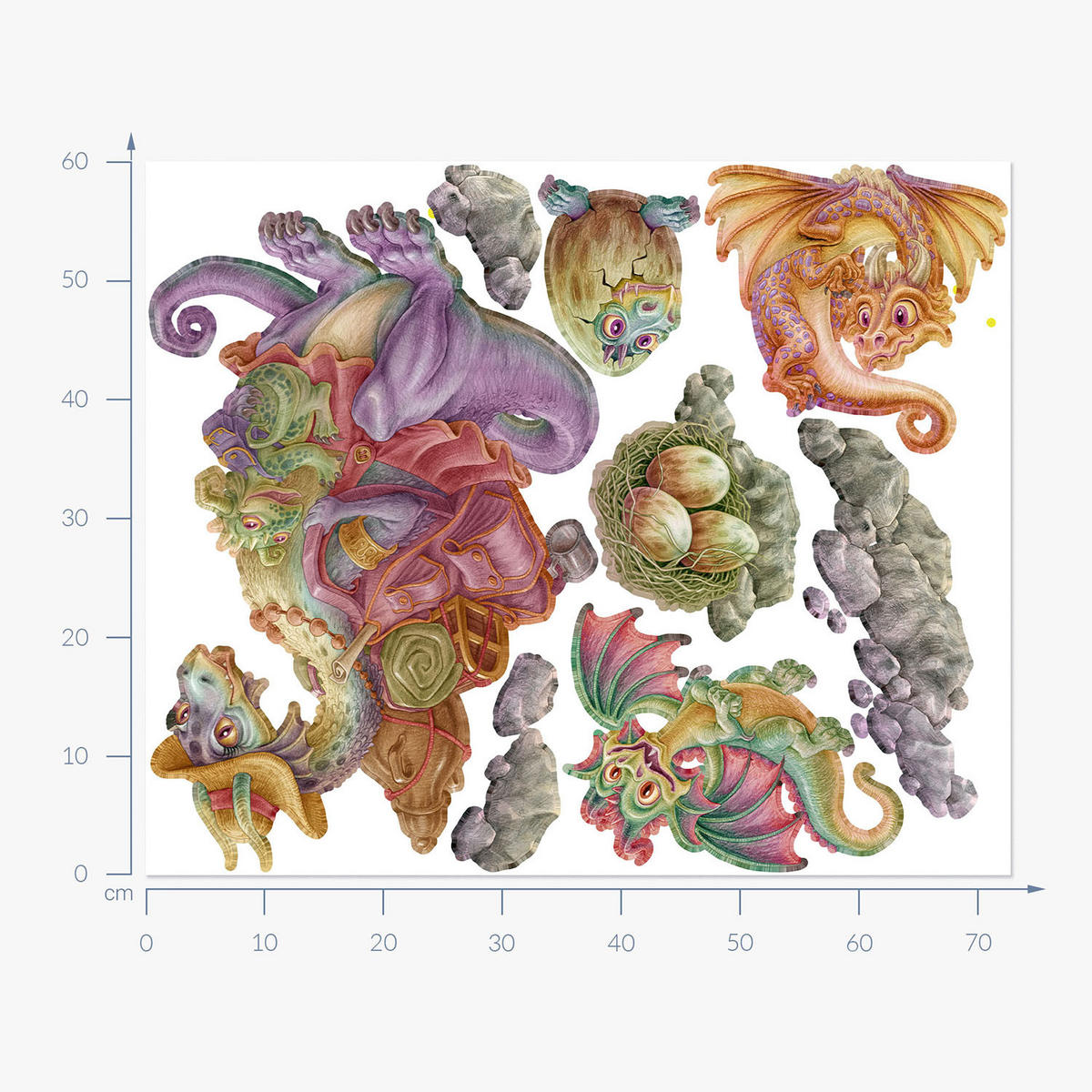 WANDAUFKLEBER 60x73cm - Drachenfamilie - Multicolor, Kunststoff (60/73/0.1cm) - Wallfluent