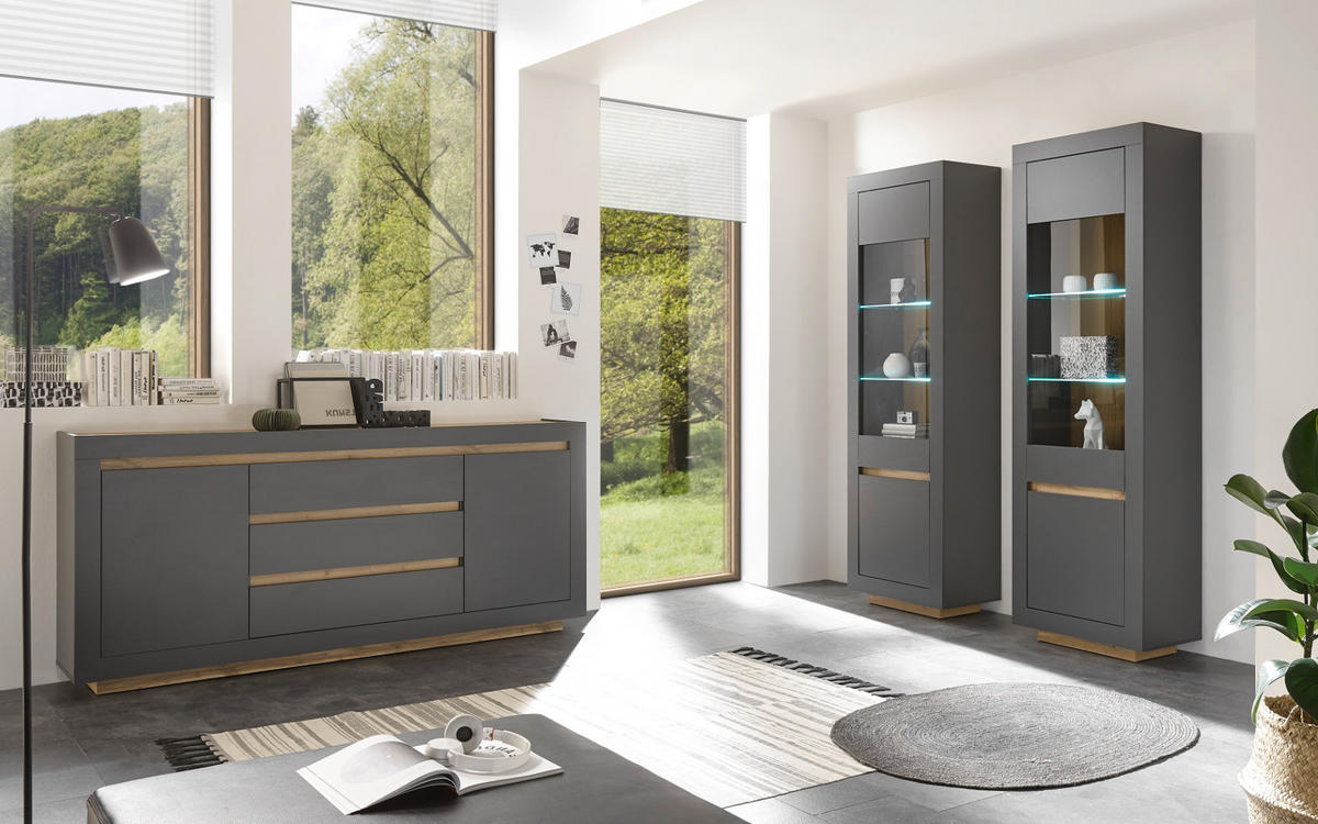 VITRINE anthrazit, Wotan Eiche, Vitrinenschrank 64 x 206 cm mit viel Stauraum - Eichefarben/Anthrazit, Glas/Holzwerkstoff (64/206/38cm) - Furn.Design