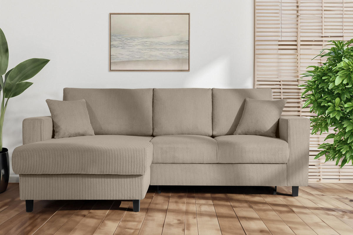 ECKSCHLAFSOFA EGRET Links mit Bettkasten, Cord-Stoff, beige - Beige, Textil (234/90cm) - KONSIMO®