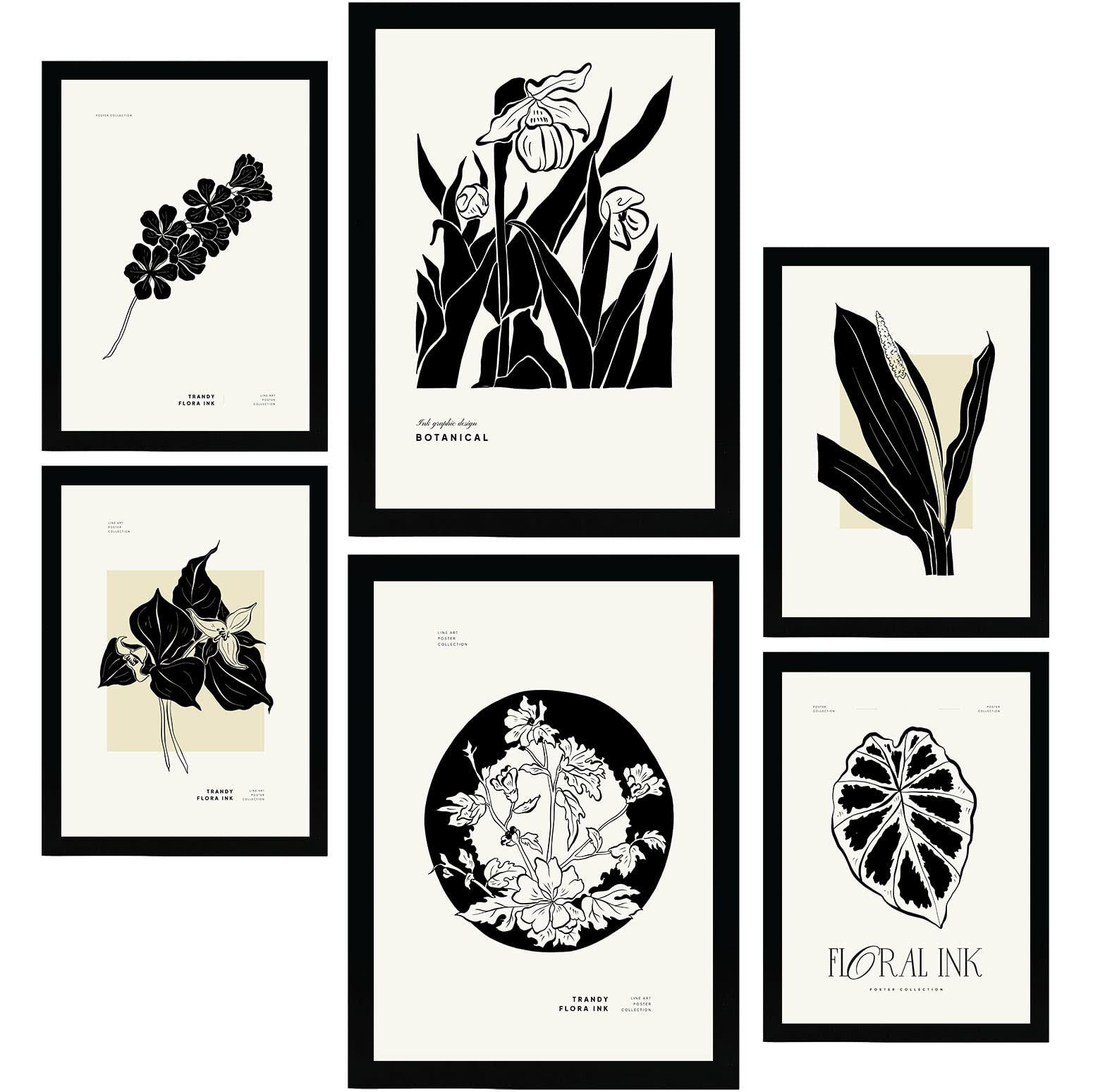 POSTER Set Mit 6 In Schwarzer Tinte Tropische Tinten Kunstdrucke Im Skizzenstil Für Innenarchitektur A3 & A4 Schwarzer Rahmen - Schwarz, Papier (29/3cm) - Nacnic