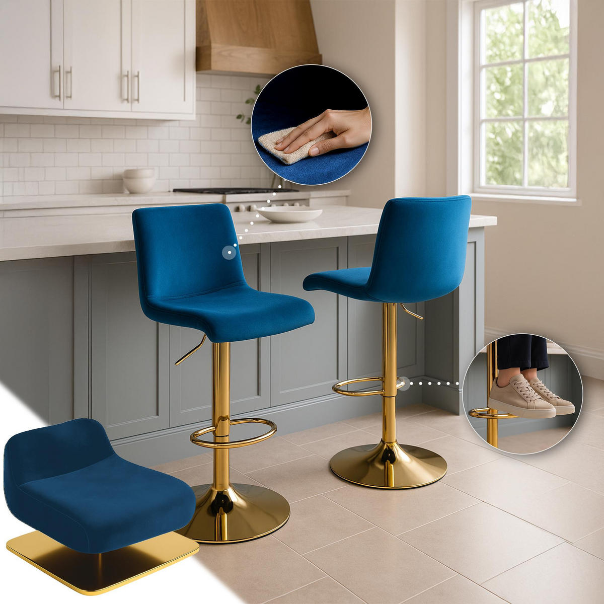 BARHOCKER Samt Blau - Blau, Textil (39/83/36cm) - CLP