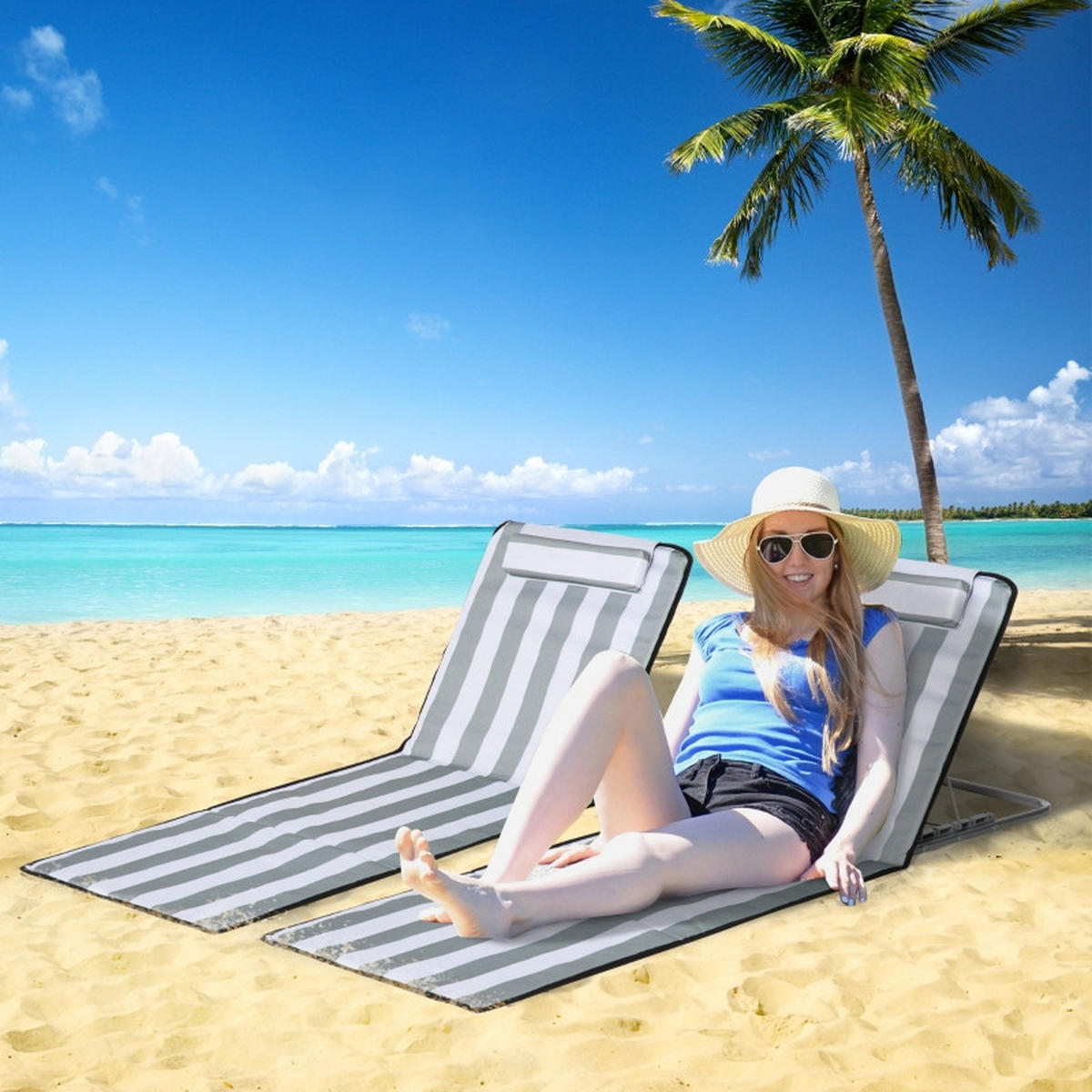 SONNENLIEGE aus Polyethylen 134x48x33-43 cm in Hellgrau mit Kissen & Tragetasche - Hellgrau, Textil (48/43/134cm) - Modfu