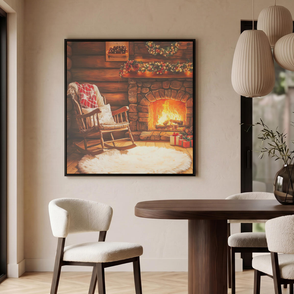 LEINWAND Bilder mit Rahmen - Winter - Weihnachten - Zuhause - Kamin - 90x90 - Bernsteinfarben, Textil (90/90cm) - MuchoWow