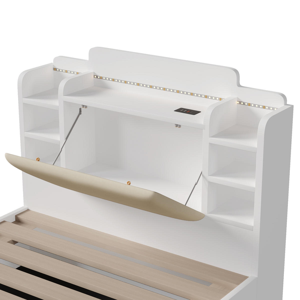 STAURAUMBETT 90/200 cm DE-04839, mit LED, USB+Typ-C und Hydraulik in Weiß - Weiß, Holz/Holzwerkstoff (90/190cm) - ComfortXL