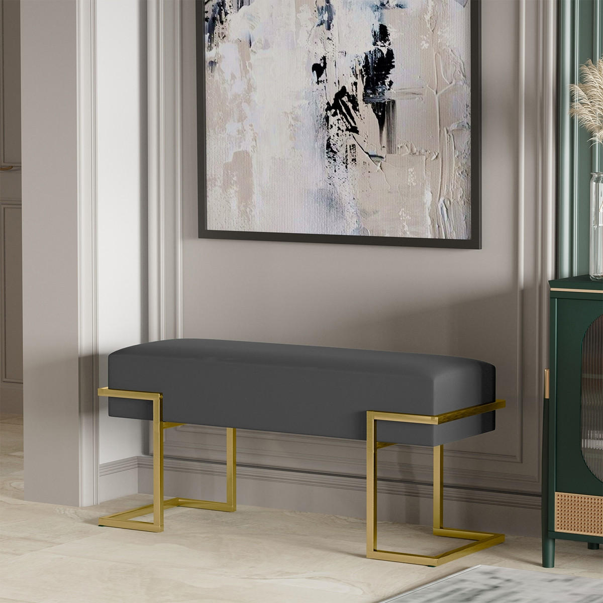 POLSTERBANK CELY 80 cm, Graubraun, Goldenes Gestell - Dunkelgrau/Goldfarben, Textil/Metall (80/42/34cm) - Bettso