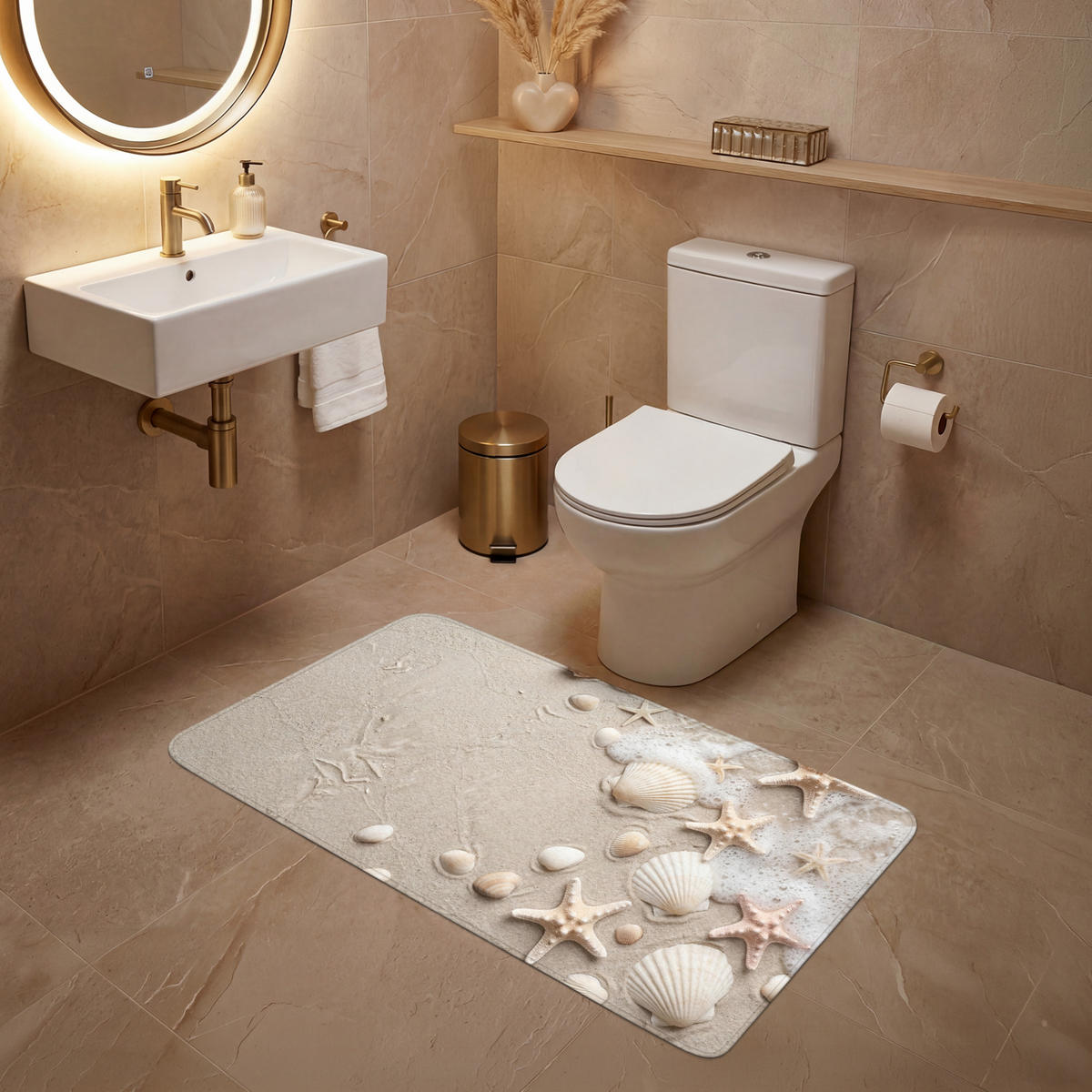 WC-VORLEGER Muscheln - Seesterne - Strand WC Teppich 120x60 cm - Sandfarben, Kunststoff/Textil (120/1cm) - OnlyWow