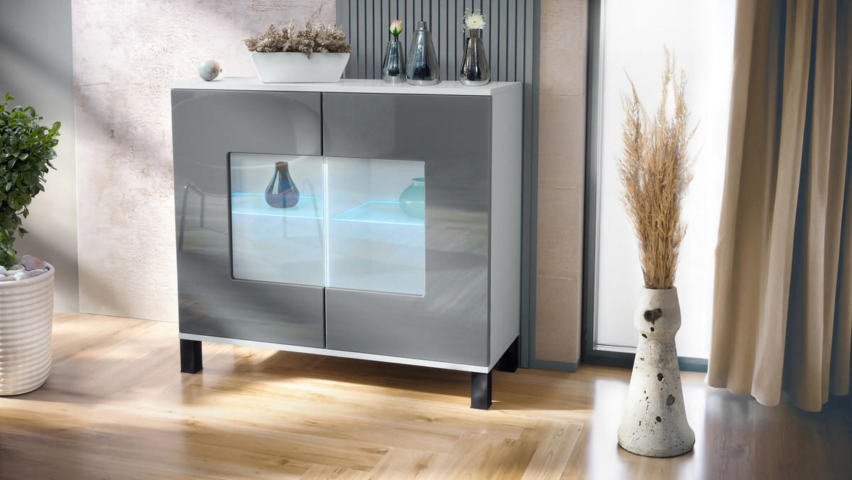 KOMMODE Grömitz Grau Hochglanz - Grau, Holzwerkstoff (92.5/84.5/35cm) - Vladon