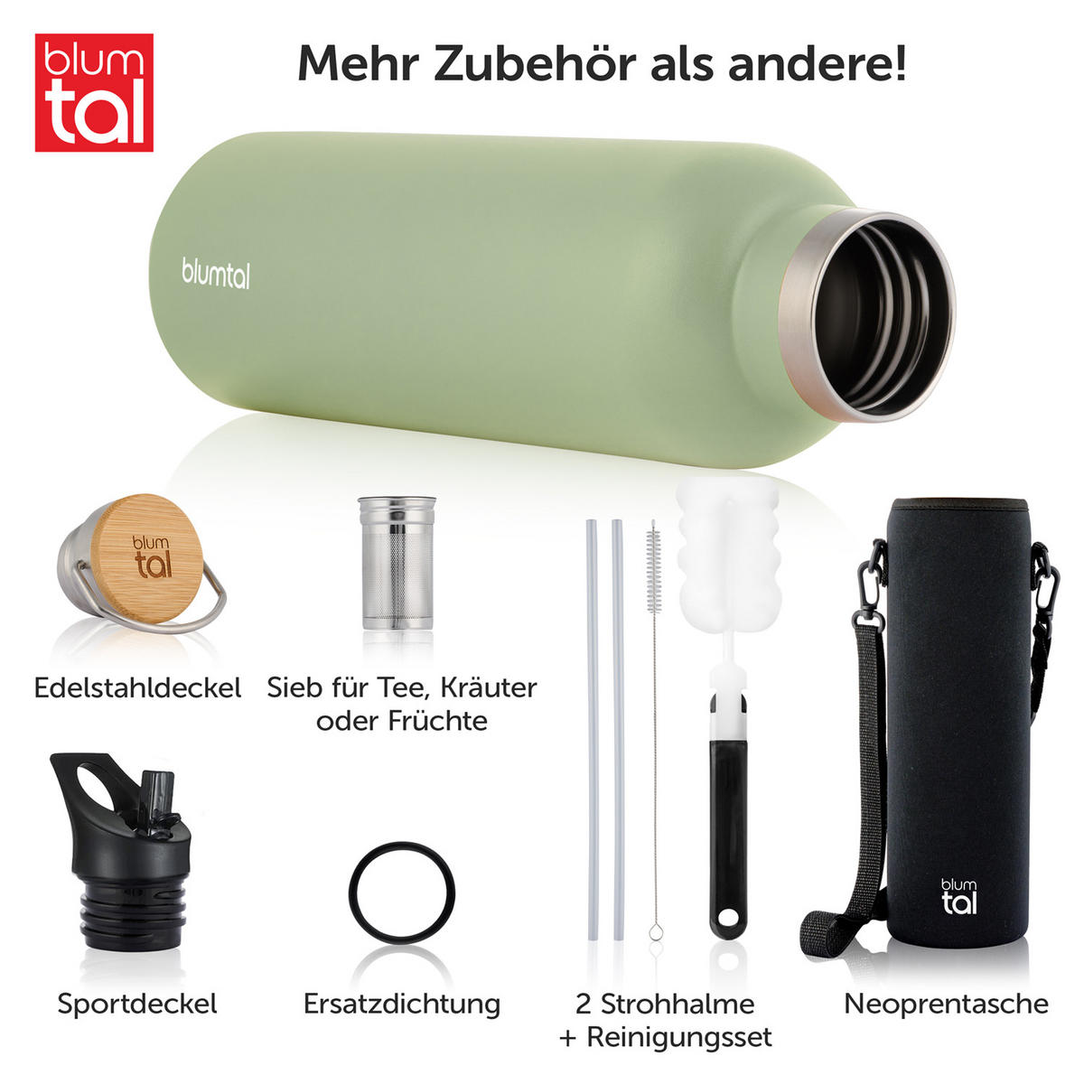 TRINKFLASCHE Leni 1000 ml, inkl. Teesieb und Sportdeckel - Hellgrün, Metall (1L) - Blumtal