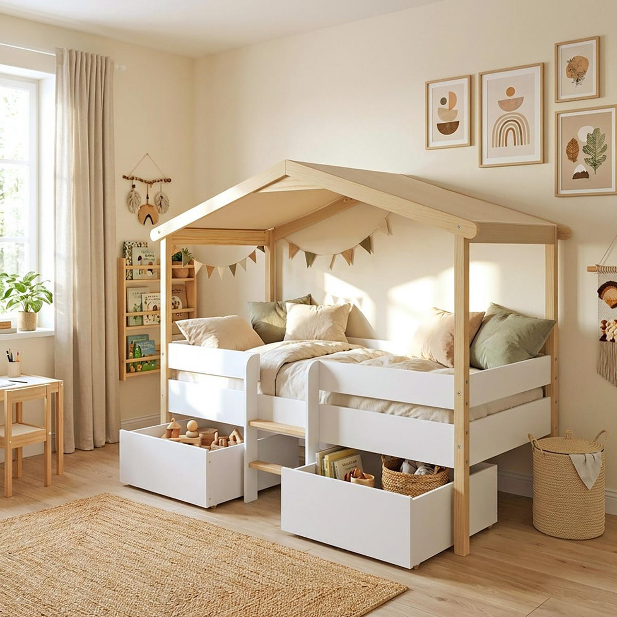 HAUSBETT PILOTI / SPIELBETT 90x190 +2 SCHUBLADEN - Weiß und naturholz - Multicolor, Holz (90/190cm) - Weber Industries