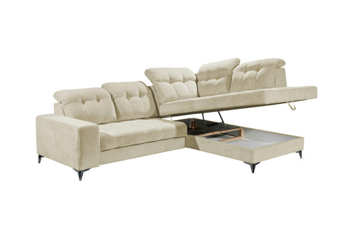ECKSOFA mit elektronischem Sitzvorschub, Bettkasten und USB-Anschluss - Champagner/Schwarz, Textil/Metall (220/289cm) - ed exciting design