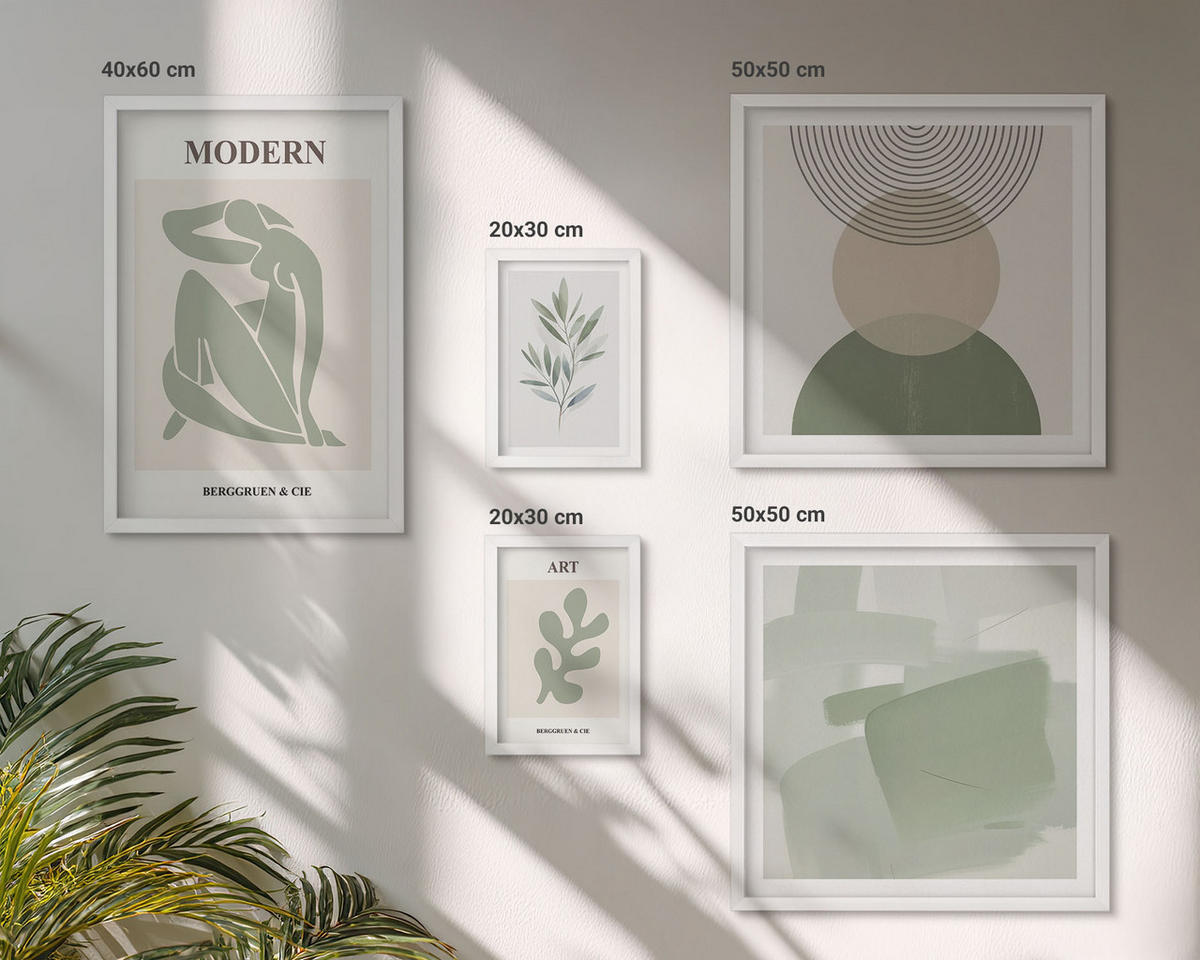 BILDER SET 5er Set - 50x50 cm & 20x30 cm & 40x60 cm Weißer Rahmen - Stilvolle abstrakte Pflanzengrafiken - Weiß, Kunststoff (40/60cm) - TULUP