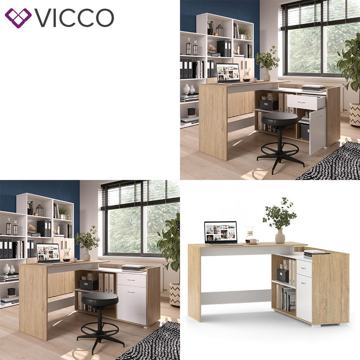 ROHOVÝ PSACÍ STŮL Noira Bílá/Sonoma - bílá/Sonoma dub, kompozitní dřevo (77/135/115cm) - Vicco