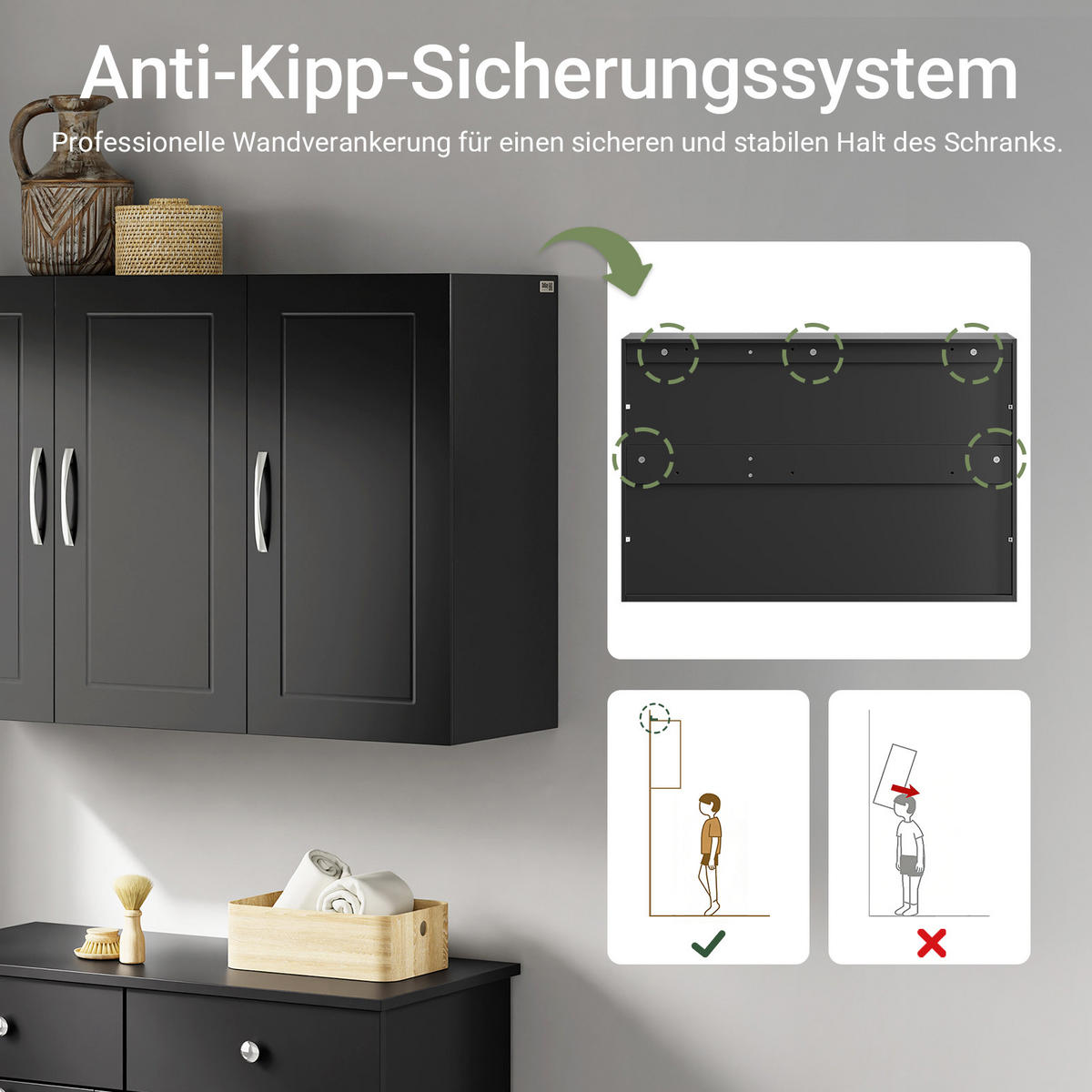 HÄNGESCHRANK schwarz, 90 x 60 x 30 cm, mit verstellbarem Einlegeboden, Badezimmerschrank hängend für Küche und Flur - Schwarz, Holzwerkstoff (90/60/30cm) - SoBuy