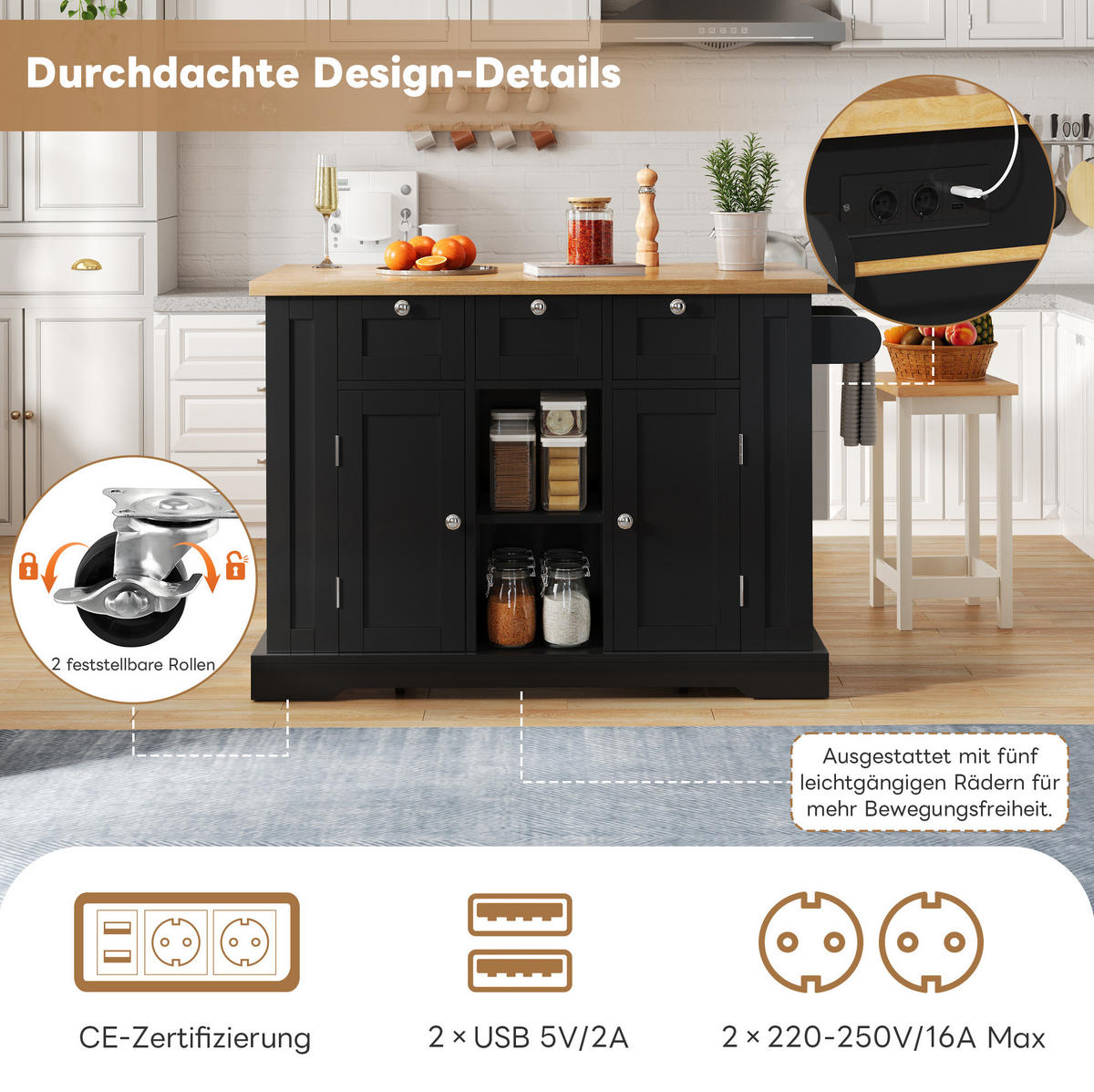 KÜCHENINSEL 132/40(70)/87 cm mit ausziehbarer Arbeitsplatte, Stauraum, Steckdose, USB und Rollen aus MDF, Natur/Schwarz - Schwarz, Holzwerkstoff (132/87/70cm) - Redom