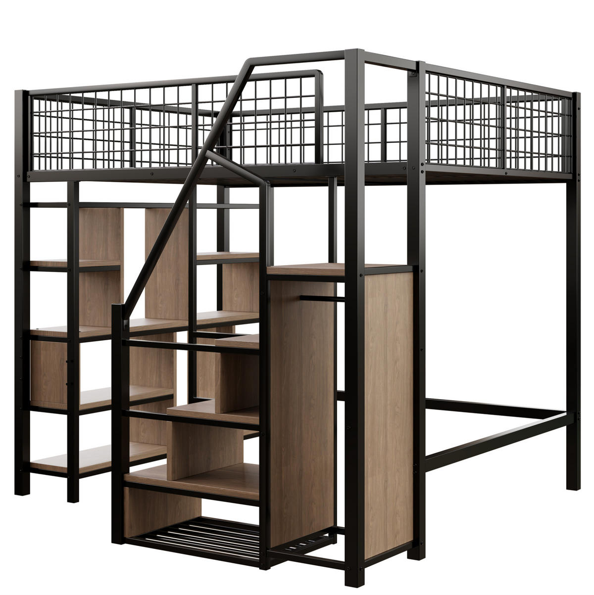 HOCHBETT 140/200 cm aus Metall und Holzwerkstoff mit Stauraumtreppe und offenem Arbeitsbereich, Schwarz - Schwarz, Metall (140/200cm) - Redom