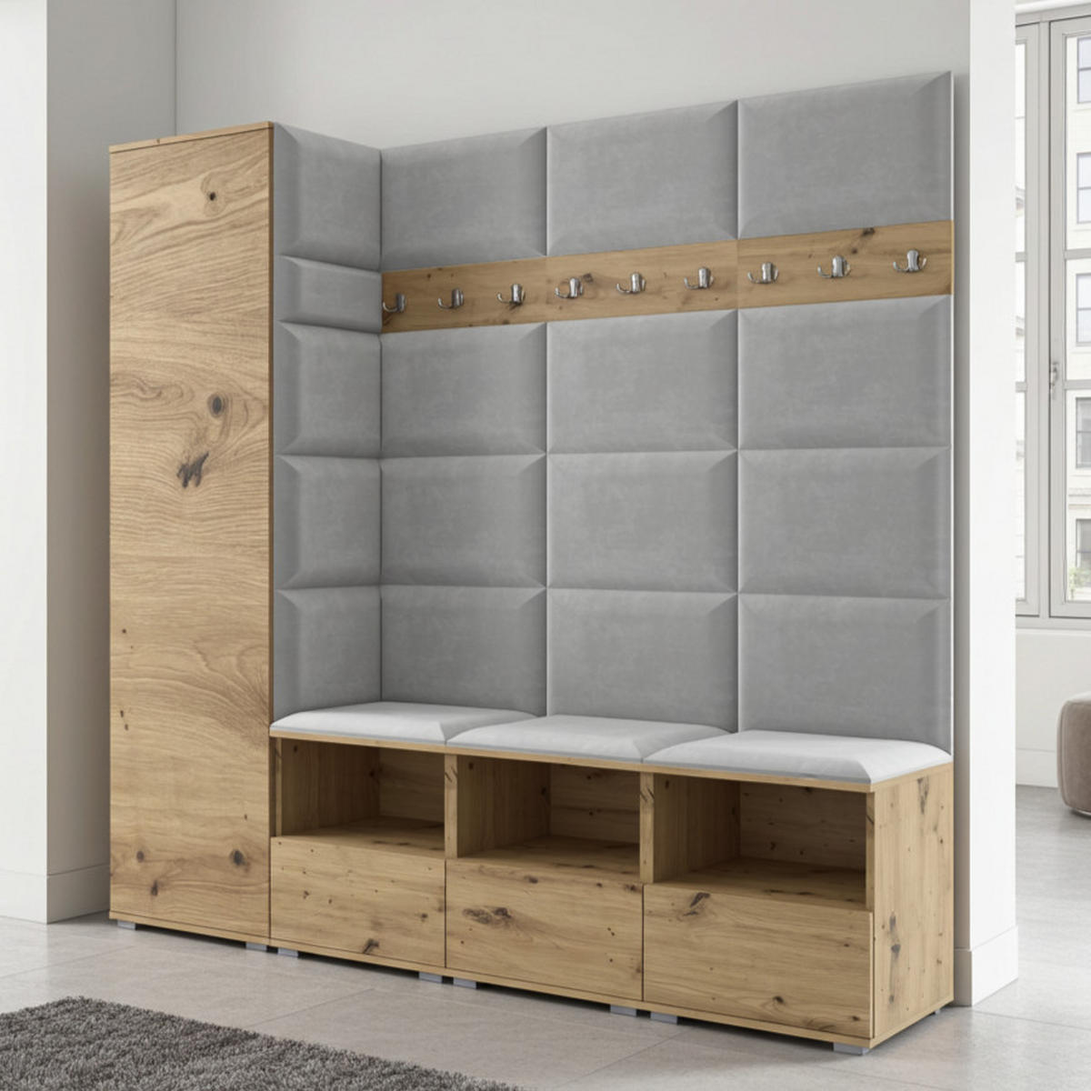 GARDEROBE NELA IX 200 cm (Modulare Flurmöbel Artisan Eiche mit Sitzpolster Hellgrau 32 Breite Sitzbank) - Silberfarben/Hellgrau, Holz/Holzwerkstoff (200/187/40cm) - Ravio