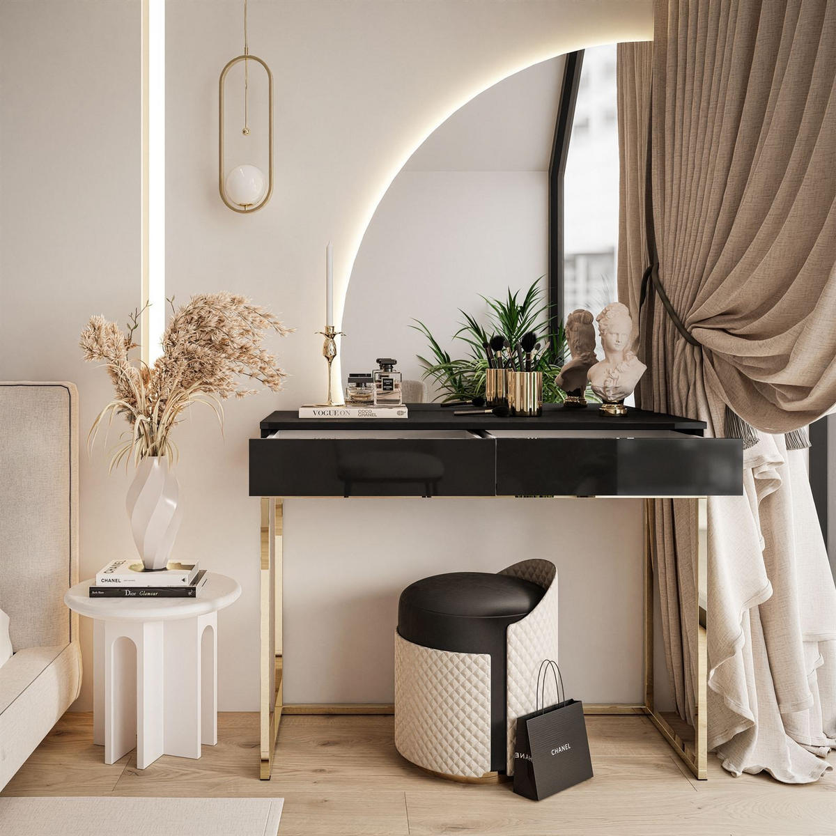 SCHMINKTISCH schwarz QUINNIE mit LED-Spiegel gold Chrom links PUSH OPEN - Goldfarben/Schwarz, Holzwerkstoff (100/176/42cm) - Lookway