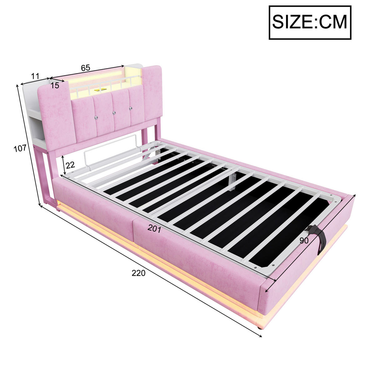 POLSTERBETT 90/200 cm Pink mit LED-Beleuchtung und Stauraum aus Samt - Rosa, Textil (90/200cm) - OKWISH