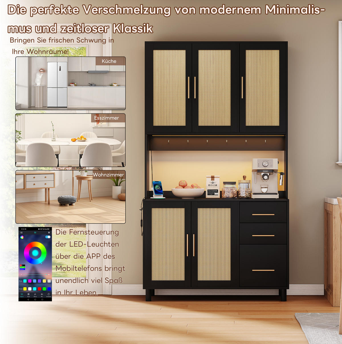 BUFFET aus MDF 100x40x183 cm Schwarz mit LED-Beleuchtung, App-Steuerung, Steckdosen, USB-Anschluss und viel Stauraum - Schwarz, Holzwerkstoff (100/183/40cm) - Modfu