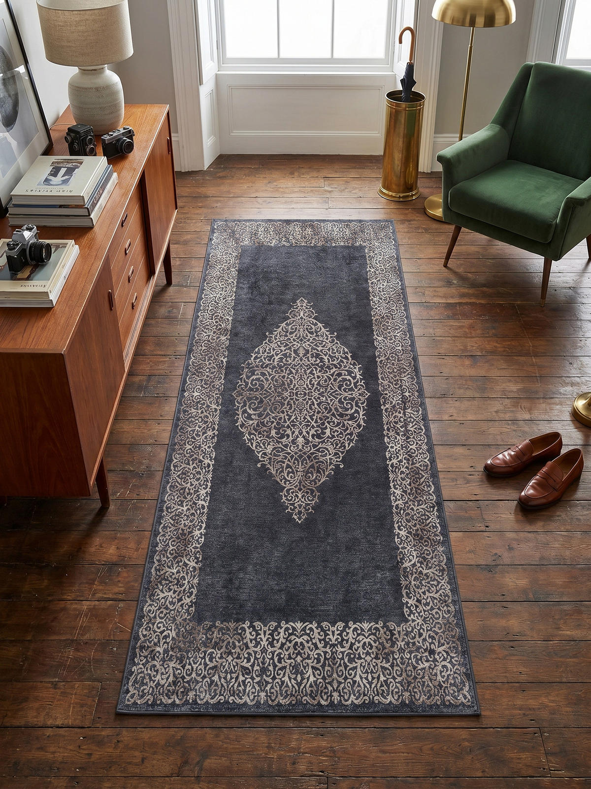 TEPPICH Flachgewebe Waschbar PIZOL in Schwarz, mit Barock-Motiv, 80 x 250 cm - Schwarz, Textil (250/80cm) - KADIMA DESIGN