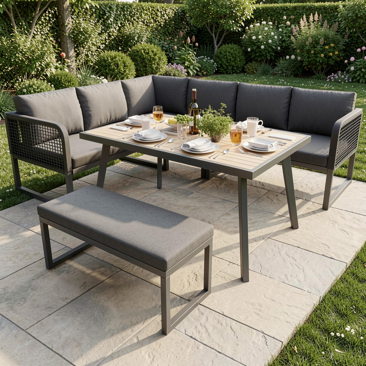 LOUNGEGARNITUR 6-tlg. PE-Rattan Grau Ecksofa mit Tisch & Bank für Terrasse - Grau, Textil - Urban Meuble