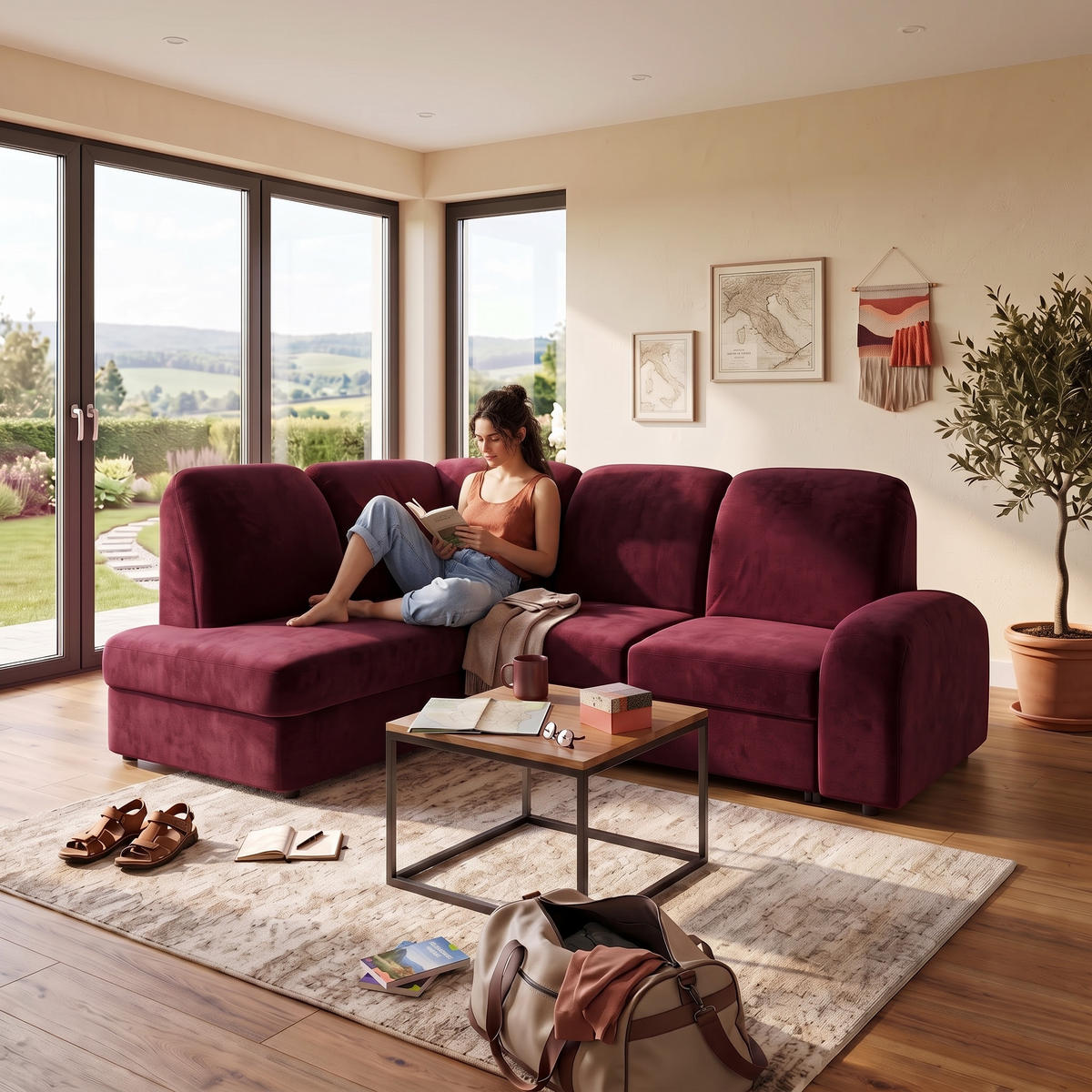 ECKSOFA VIBE L Links mit Schlaffunktion 129x205 Chenille Bordeaux - Bordeaux/Schwarz, Holz/Kunststoff (186/250cm) - Muffo