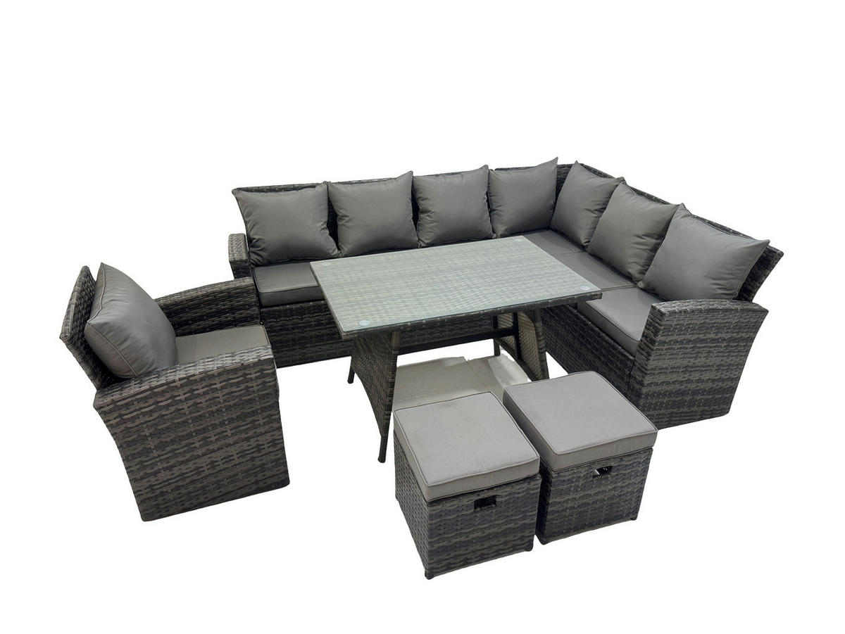 GARTENSET mit Esstisch Fußhocker Polyrattan 9-Sitzer - Dunkelgrau/Grau, Glas/Kunststoff - Fimous