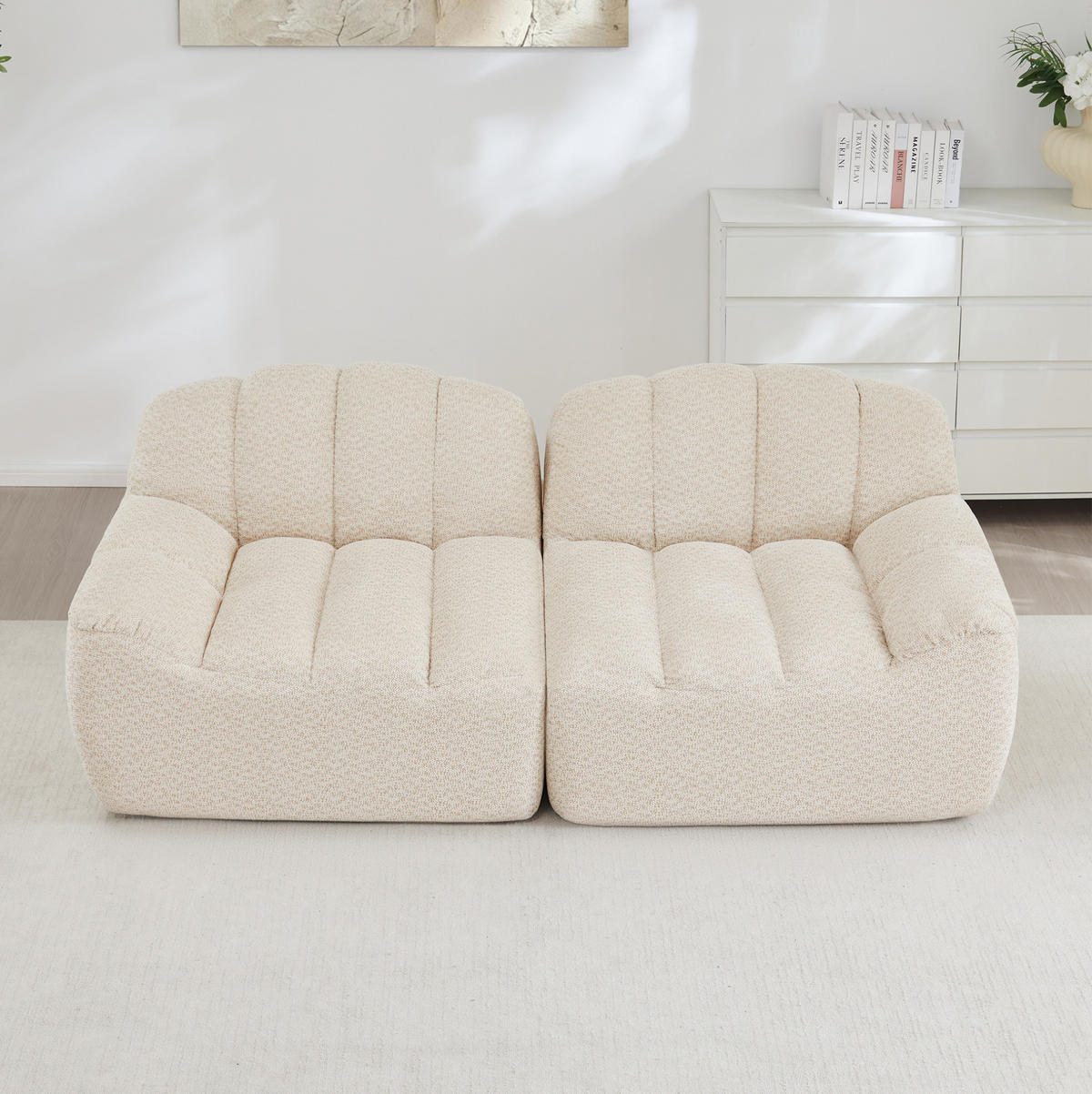 ECKSOFA 210/104/79 cm beige-weiß aus granuliertem Fleece mit ergonomischer Form, ohne Montage - Beige, Textil (104/210cm) - OKWISH