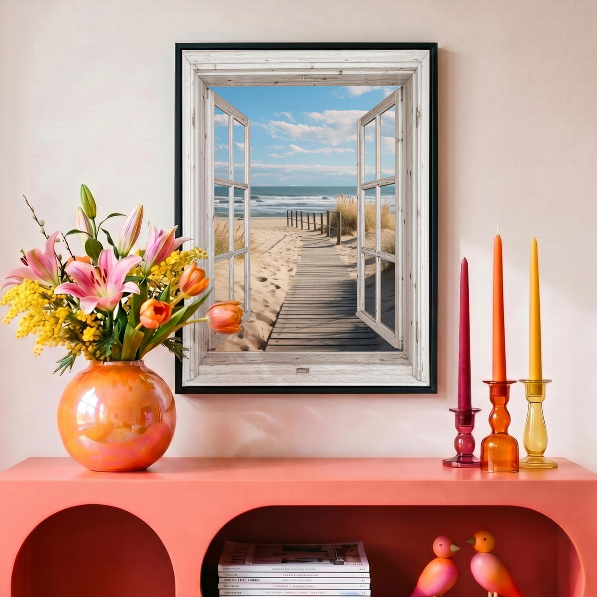 LEINWAND Bilder mit Rahmen - Fenster - Meer - Küste - Natur - Ausblick - Strand - Wattenmeer - 30x40 - Beige, Textil (30/40cm) - MuchoWow